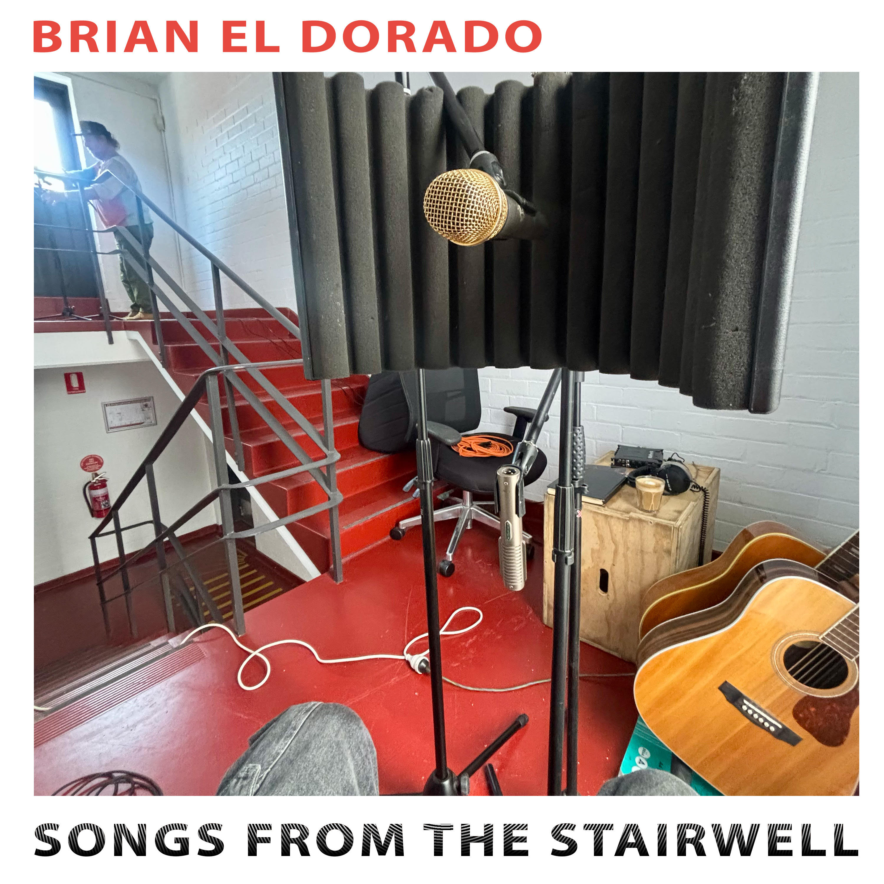 Songs From the Stairwell album cover — Brian El Dorado's recording setup in the Melbourne fire-station stairwell