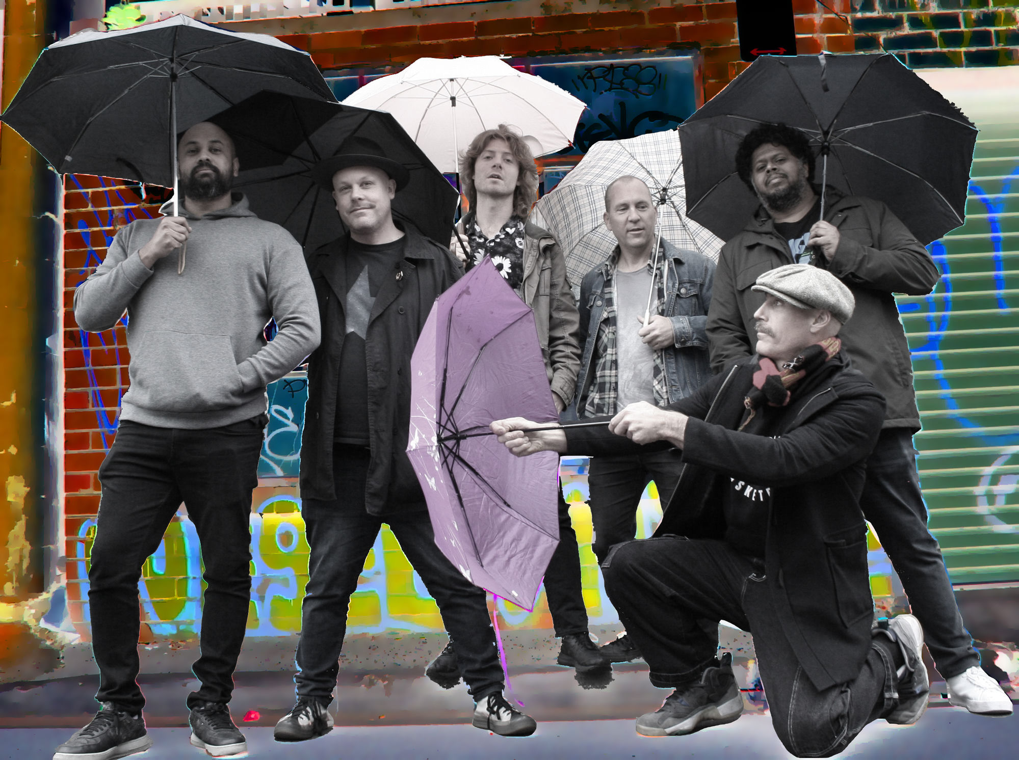 Brian El Dorado and The Tuesday People — vibrant cut-out band photo against graffiti backdrop