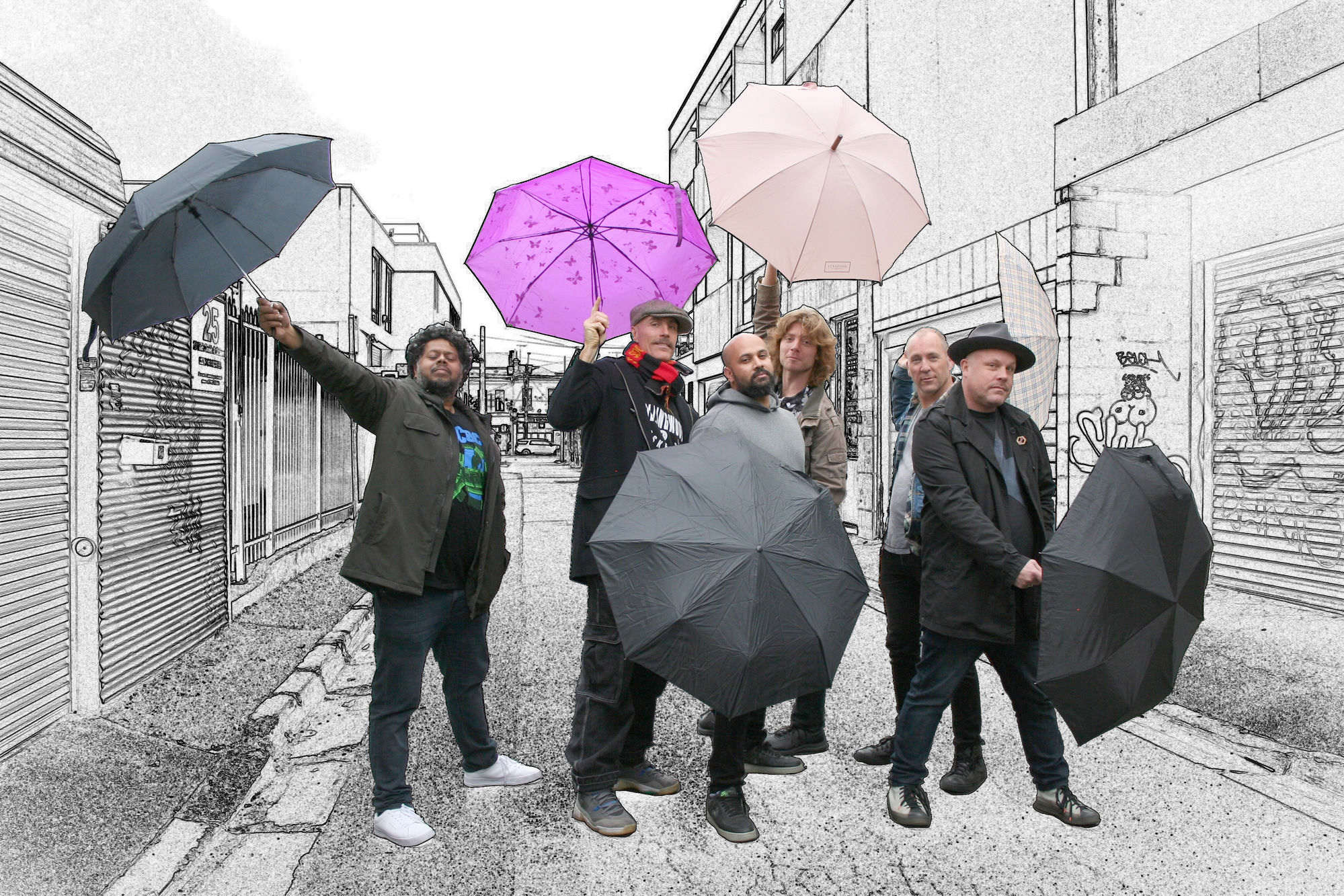 The Tuesday People — sketch-style illustration with colour umbrella pops